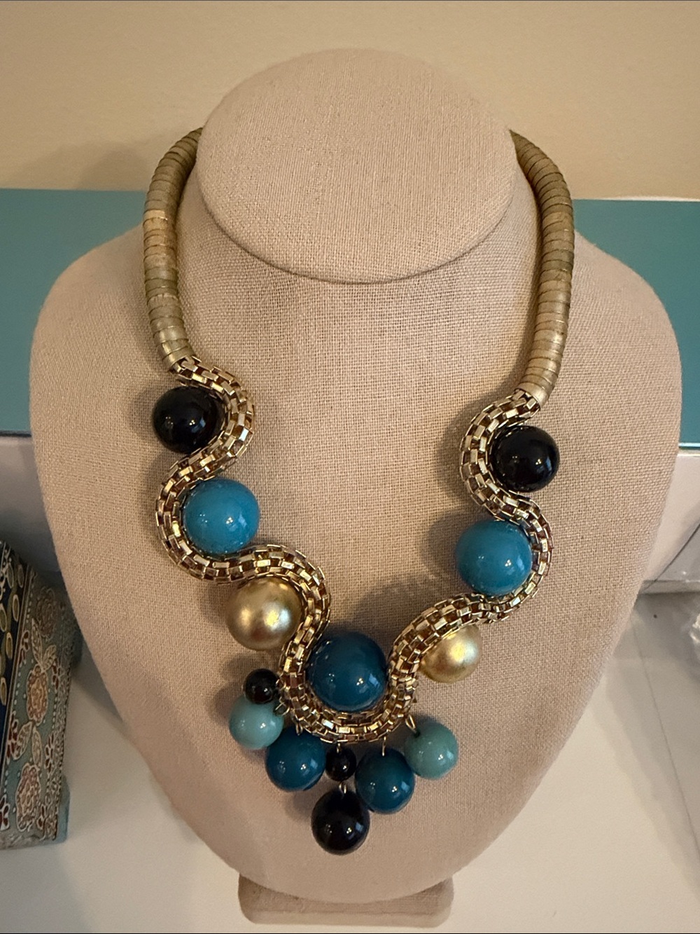 Gold and Teal Statement Necklace - Brand Unspecified